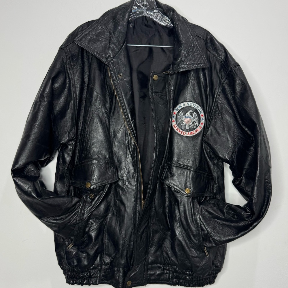Vintage Leather Patchwork WWII Vet Military Jacket Size XL
